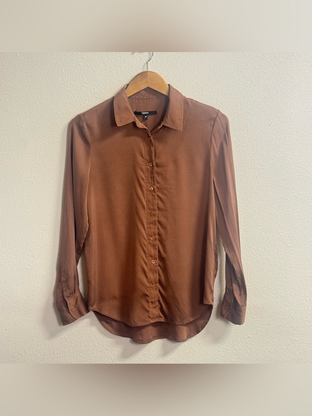Quince Washable Stretch Silk Blouse M Copper Brown Long Sleeve Button Down